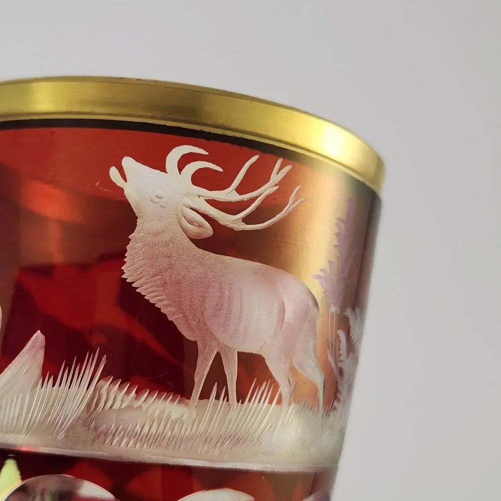 Bohemian Ruby Red Cut to Clear Goblet Glass Stag Deer Elk Hunting Cup Czech Vase